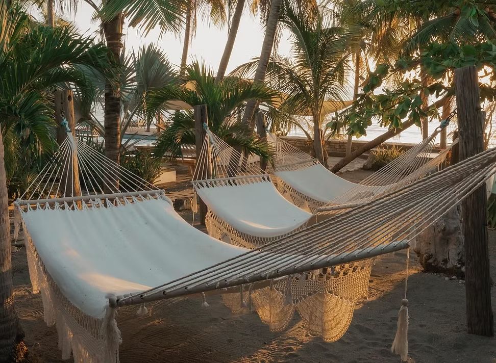 Blanket-covered hammocks hanging from palm trees in Nicaragua's surf destination of El Transito